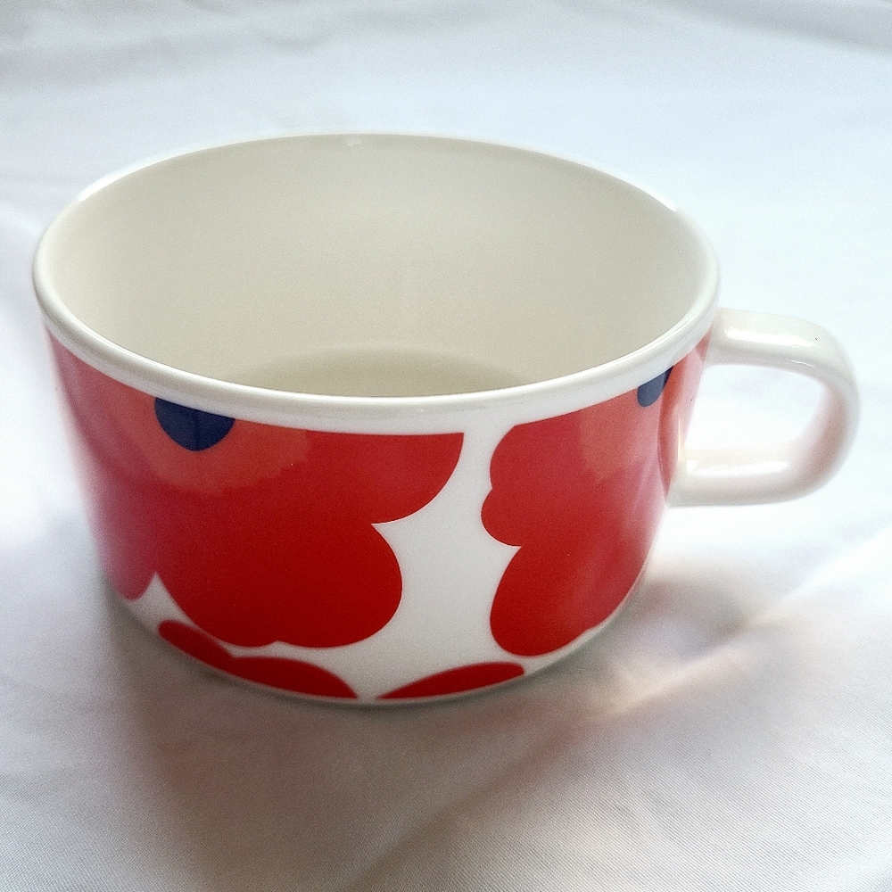 Rare Marimekko Red Floral Porcelain Short Cup with Blue Accents